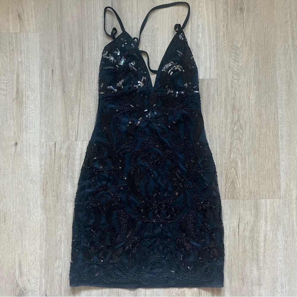 Lulus beaded open back black fitted dress size s